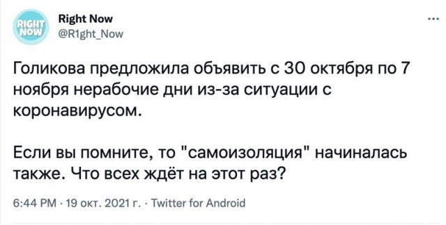 Реакция россиян на введение нерабочих дней в начале ноября (14 фото) Реакция россиян на введение нерабочих дней в начале ноября (14 фото)